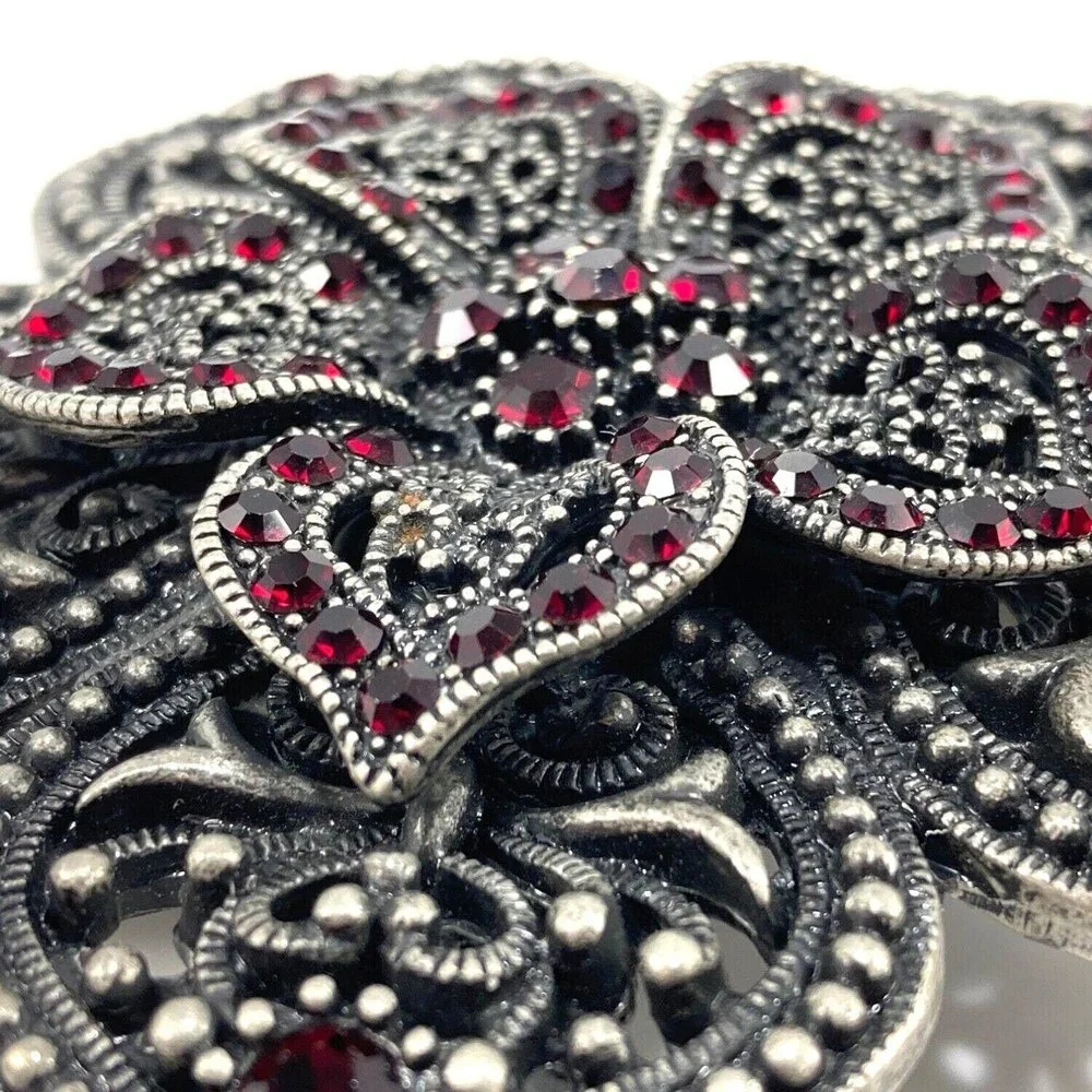 Belt Buckle Women's Star Flower Pedals‎ Double Layer Perforated Red Rhinestones